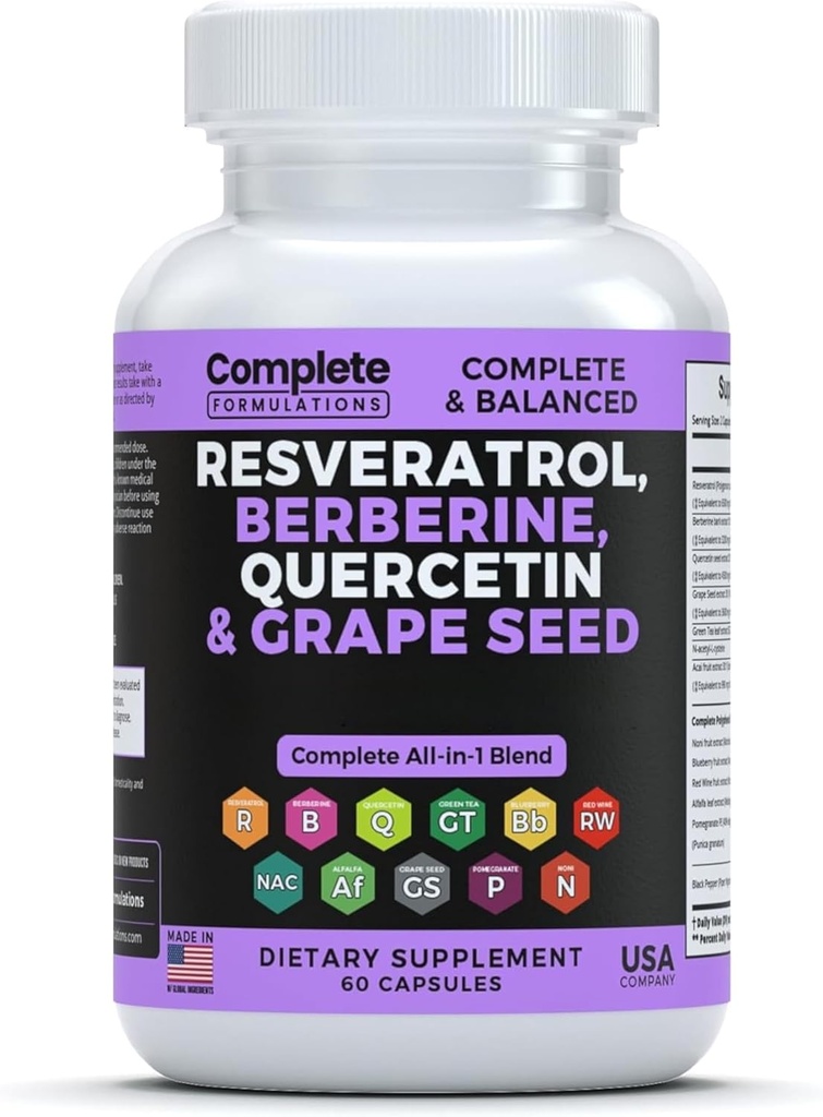 Suplimentul Resveratrol cu Querbetin, Berberine, Extract de semințe de struguri & Polifenol Blend pentru sănătatea pielii, suport imunitar și antioxidant Boost