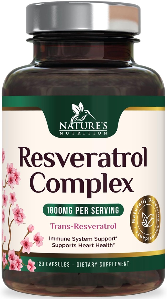 Suplimentul Resveratrol 1800mg - Antioxidanti extra-rezistenta pentru imbatranire sanatoasa si suport imunitar - heart Health & Cellular Energy Support - Non-GMO, Biodisponibil Trans-Resveratrol - 120 capsule Vegan