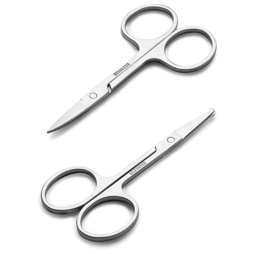 Păr facial Foarfece pentru bărbaţi Foarfece pentru bărbaţi - sprâncene, nas păr, mustaţă, barbă, gene, Ureche Trimming Kit - Curve şi rotunde de siguranţă Tip Clippers pentru tăierea părului - 2PCS Silver