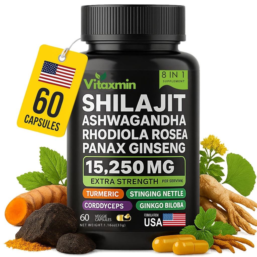Capsulele Shilajit și Ashwagandha, 8-in-1 Multivitamine vegetale pentru bărbați și femei, cu Rhodiola Rosea, Ginseng și Stinging Nettle, Shilajit pentru bărbați și femei