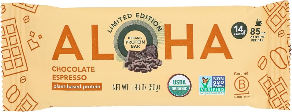 Aloha Organic Chocolate Espresso Proteine Bars, 14g Plant-Based Proteine, 85mg Cafeina, USDA Certified Organic, Gluten Free & Non-GMO, 1.98 Oz (Pachet de 12)