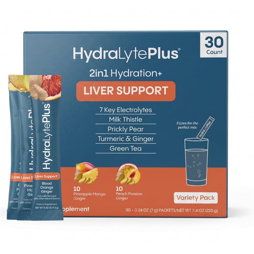 Suport pentru ficat Hydralyte + Electrolite Mix with Milk Thistle, Turmeric, Ghimbir, Prickly Pear, extract de ceai verde Formulat pentru rehidratare rapidă (Aroma de varietate, 30 Pachete)