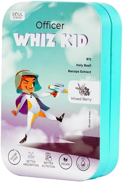 Ofițer de benzi Soul Whiz Kid - Bacopa & Holy Basil pentru funcția cerebrală îmbunătățită Vitamina B12, Aroma Berry amestecat, Zero Sugar, Vegan, 30 Strips Pack