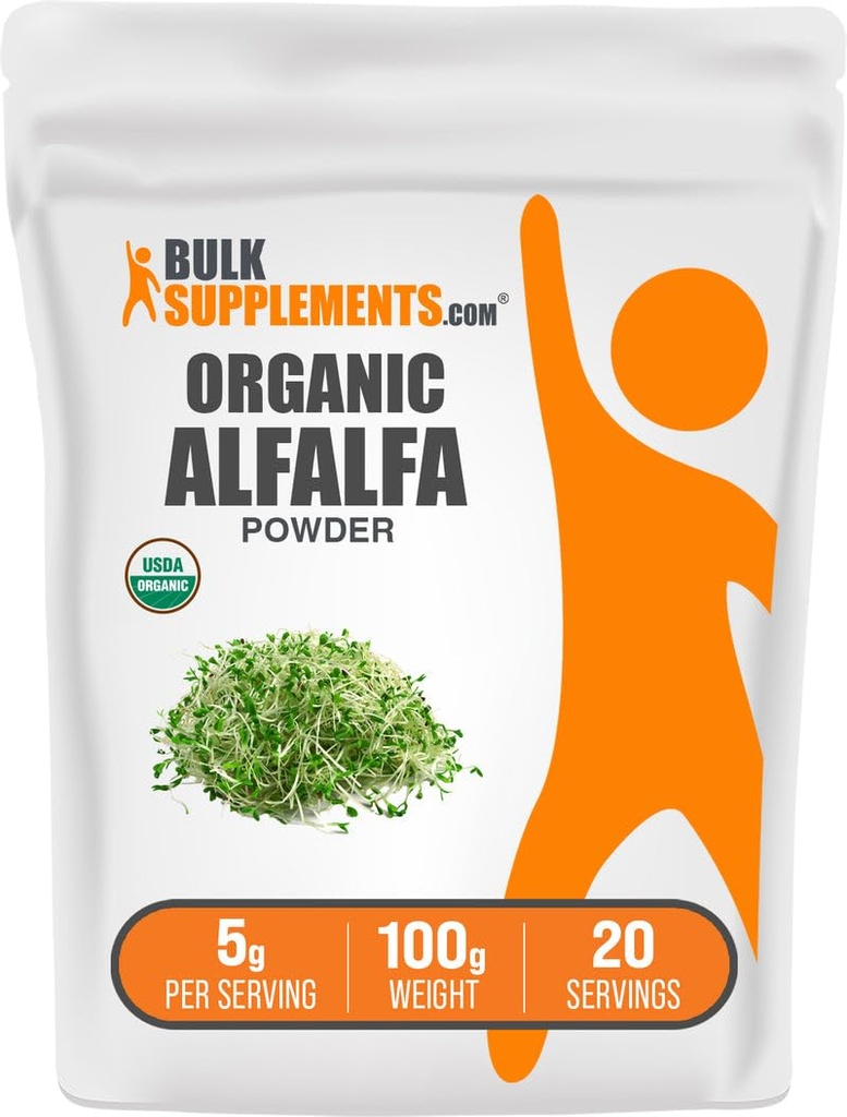 BulkSupplements.com Pudră organică Alfalfa Grass - Suplimentul Alfalfa, Superaliment verde - Vegan & Gluten Free, 5g per Serving, 100g (3.5 oz) (Pachet de 1)
