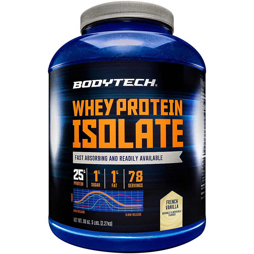 BODYTECH Pulbere de izolat de proteine - cu 25 de grame de proteine per servire & BCAA - Ideal pentru construirea și creșterea musculară post-workout, conține lapte și soia - Vanilie (5 lire sterline)