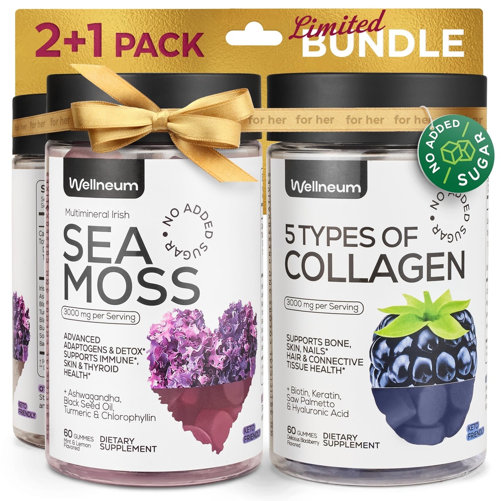 Colagen și Sea Moss Gummies Bundle - Colagen Peptides, Irish Sea Moss, Biotin, Keratina, Bladderwrack - Gummy Supliment pentru Imunitate, Detox, Păr sănătos, Piele și unghii - pentru bărbați și femei