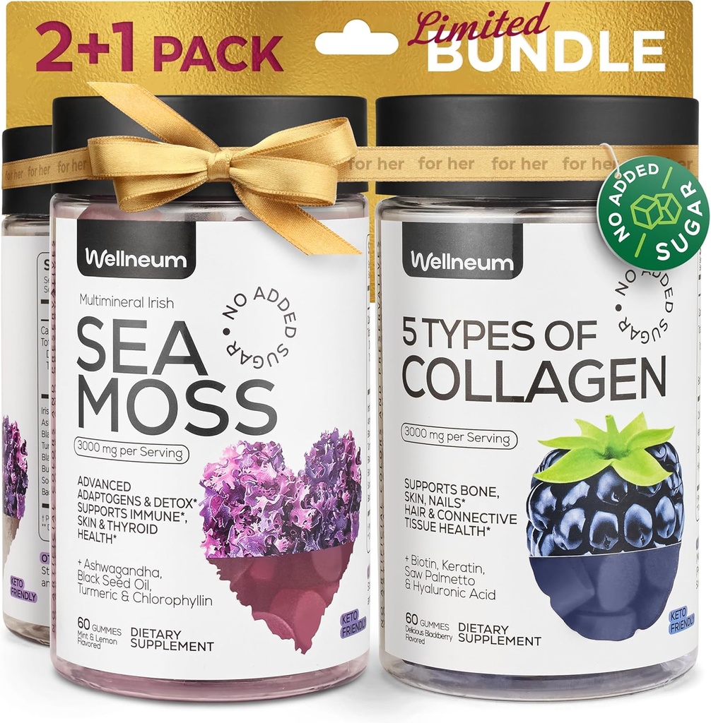Colagen și Sea Moss Gummies Bundle - Colagen Peptides, Irish Sea Moss, Biotin, Keratina, Bladderwrack - Gummy Supliment pentru Imunitate, Detox, Păr sănătos, Piele și unghii - pentru bărbați și femei