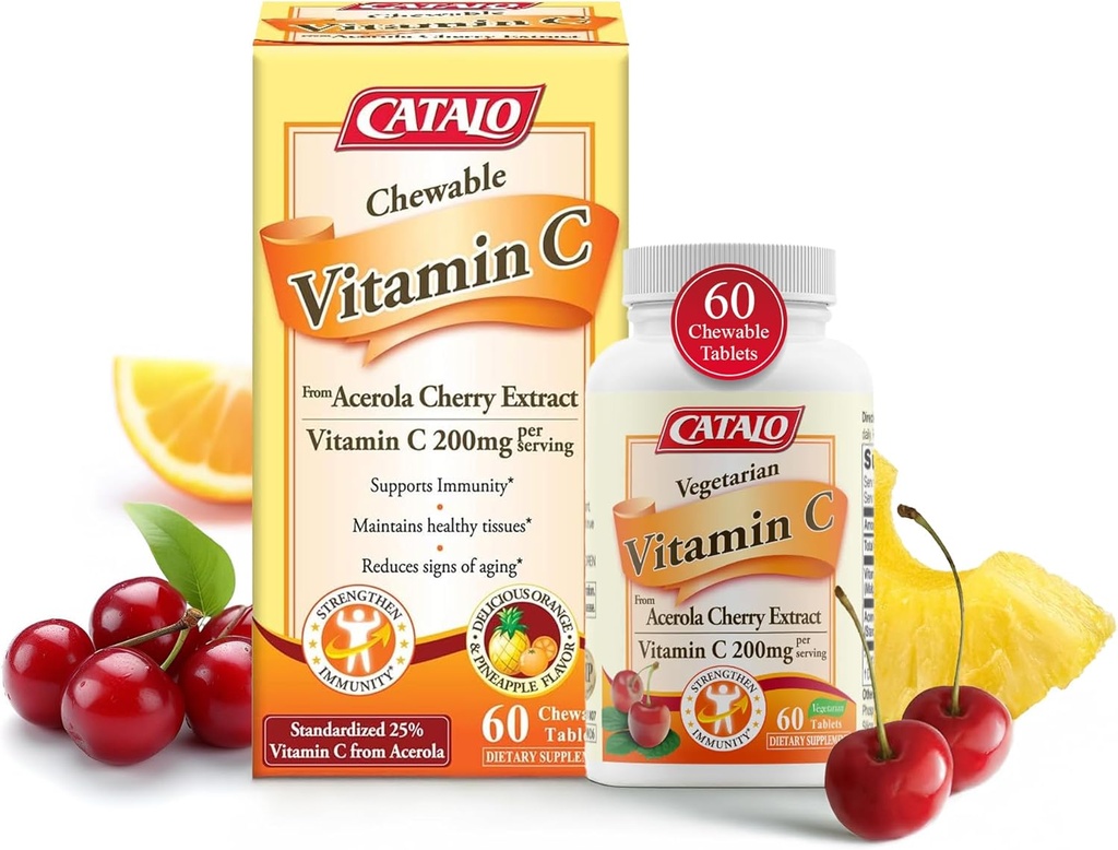 CATALO Vitamina C Formula - Acerola Cherry Extract, 200 mg vitamina C per Serving, întinerire a pielii, Colagen Production, Delicious Orange & Ananas Flavor, 60 comprimate masticabile