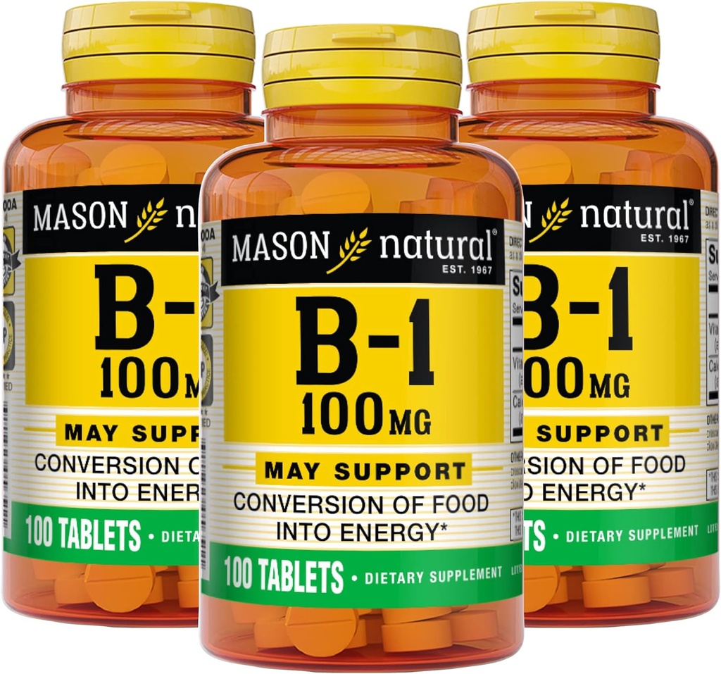 Mason Natural Vitamina B1 (Thiamin) 100 mg, Conversie sănătoasă a alimentelor în energie, Sprijină Nervi și Immune Health, 100 comprimate (Pachet de 3)