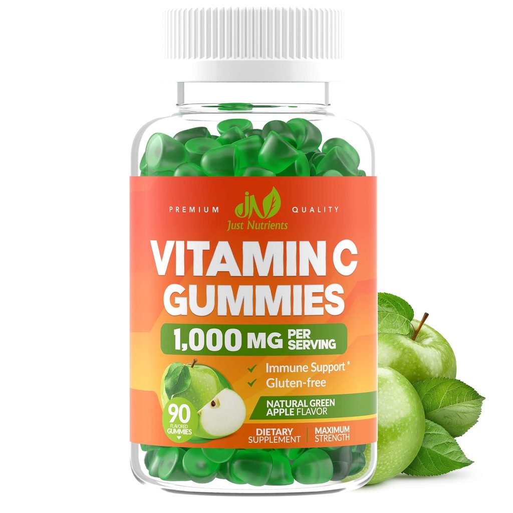 Vitamina C Gummies 1000mg pentru adulți și copii - puterea maximă suport imun masticabil, Suport Colagen - Aroma verde de mere - Gluten gratuit, non-GMO, vegetarian - 90 gume (30 Servings)