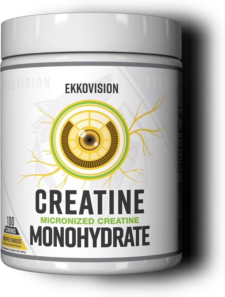 Ekkovision Creatin pulbere monohidrat, Micronited, Ananas Paradise, Pre Workout & Post Supliment de antrenament pentru bărbați și femei, Suport energetic, Ușor de amestecat în Shakes, Smoothies & Beverages, 100 Srvgs