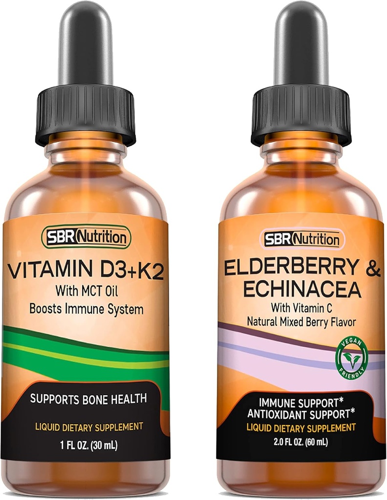 SBR Nutritie D3+K2 si Elderberry Bundle Vitamina D3K2 (MK7) Picături lichide, Peppermint,1oz 