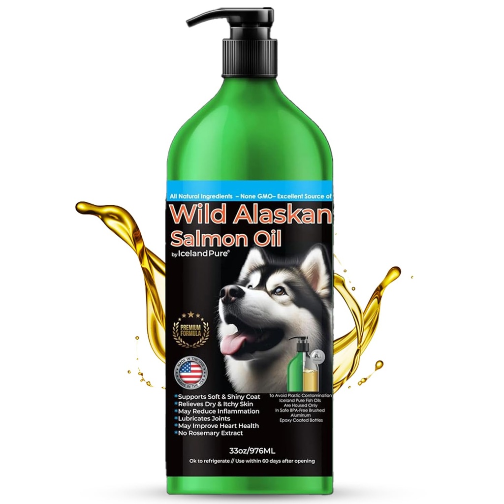 Islanda ulei de somon sălbatic Alaska pură pentru câini și pisici, ulei de pește Omega-3, supliment lichid pentru animale de companie, susține sistemul imunitar & Heart Health, 33oz