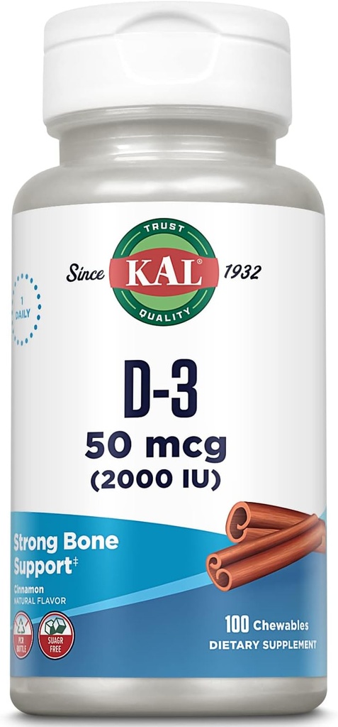 KAL Vitamina D3 Chewables 50 mcg, Vitamina D 2000 UI ca Cholecalciferol, Zahăr fără, aromă naturală de scorțișoară D3 Vitamină, Asistență imună și Sănătate osoasă, 100 Serviri, 100 Masticabile
