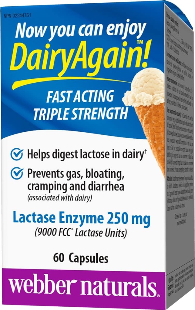 Webber Naturals Dairy Din nou 250 mg Lactase Enzyme Triple Putere, 60 capsule