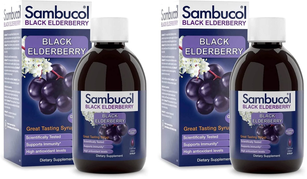 Sambucol Black Elderberry Syrup - Sambucus Elderberry Syrup, Black Elderberry Liquid, Immune Support, High Antioxidants, Gluten Free - Formula originală, 7.8 Fl Oz (Pachet de 2)