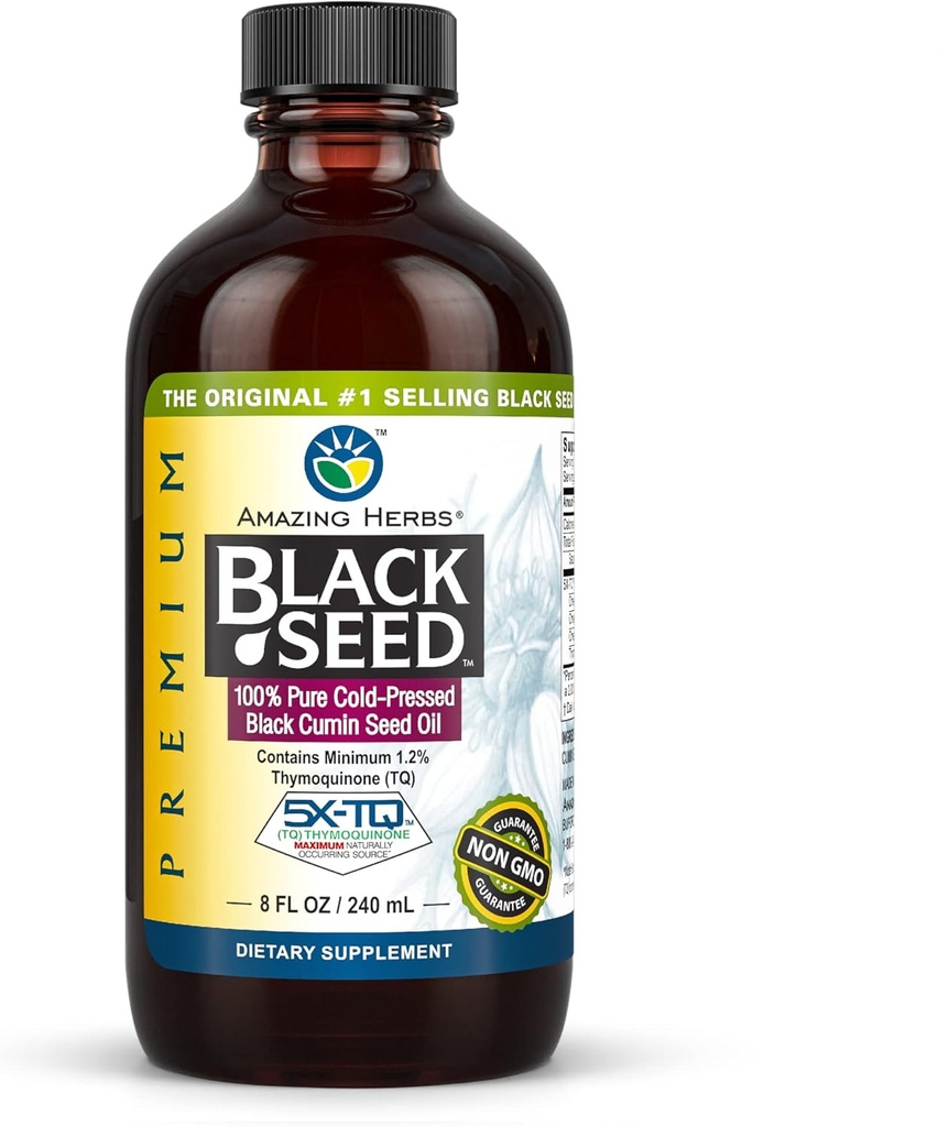 Amazing Herbs Premium Black Seed Oil - Gluten Free, Non OMG, Cold presat Nigella Sativa SIDA în Digestive Health, Immune Support, Brain Function - 8 Fl Oz