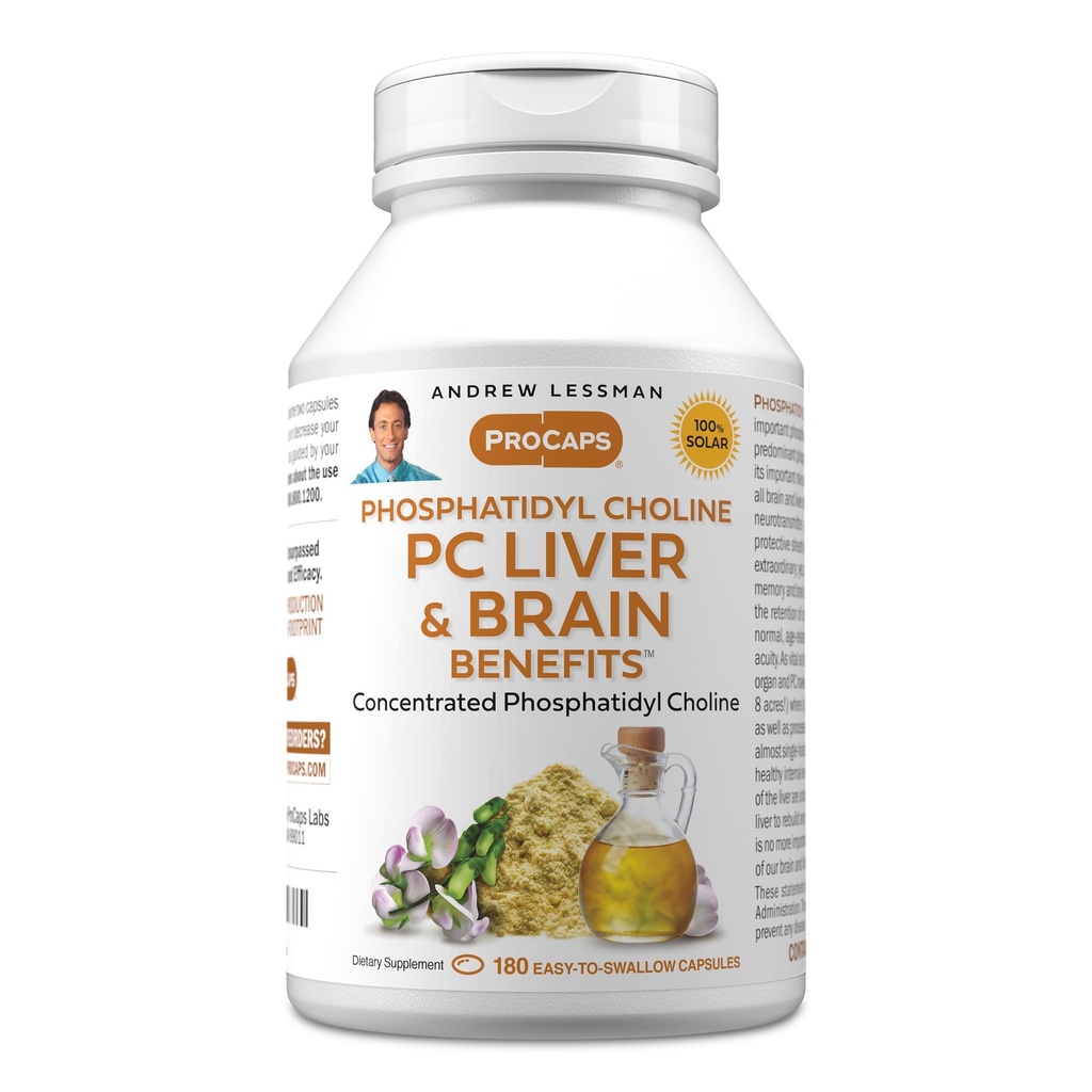 ANDREW LESSMAN PC Ficat și creier Beneficii 180 Softgels - Fosfatidil Choline, Cel mai important bloc de construcții pentru ficat sănătos și structura creierului, Funcția. Fără aditivi. Uşor de înghiţit softgels
