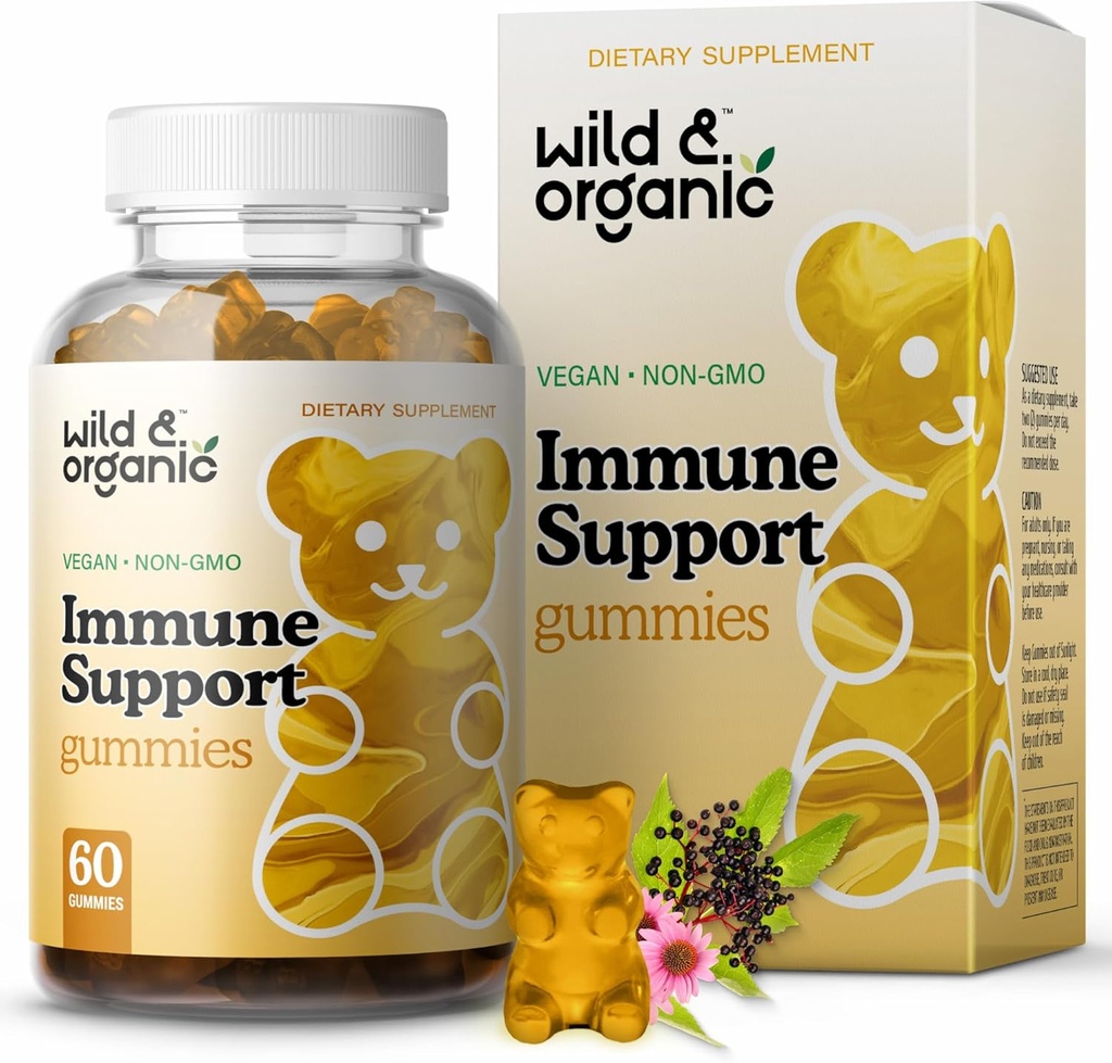 Asistenta imuna salbatica si organica Gummies - Elderberry 1000mg & Vitamina C 500mg - Natural Imunity Supplement - Vegan Imunity Gummies cu vitamina C D Zinc - 60 Conte