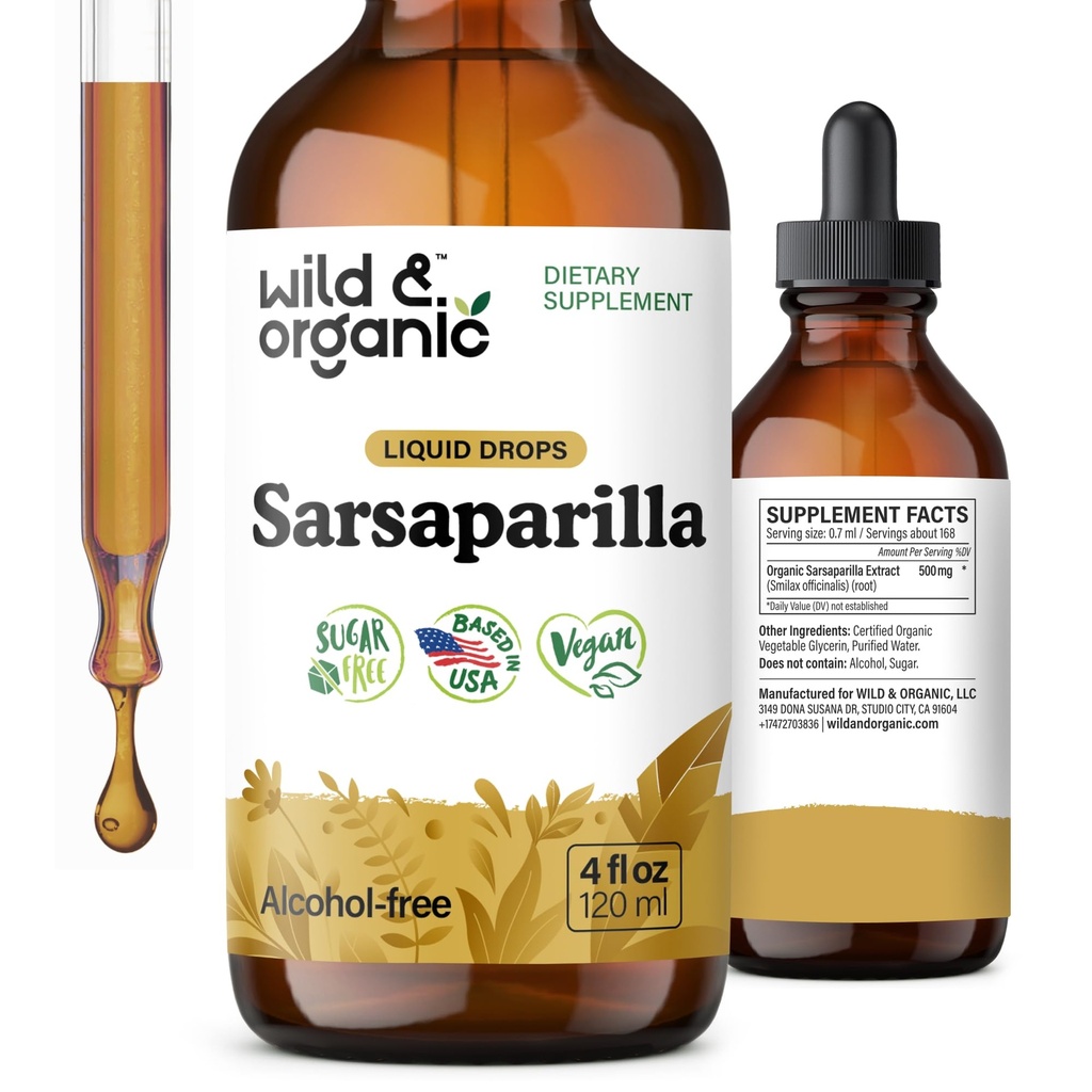 Sarsaparilla salbatica si organica Root Tincture - Suport global - Sarsaparilla Extract Supliment - Vegan, Sugar & Alcool-Liquid Drops - 4 fl oz