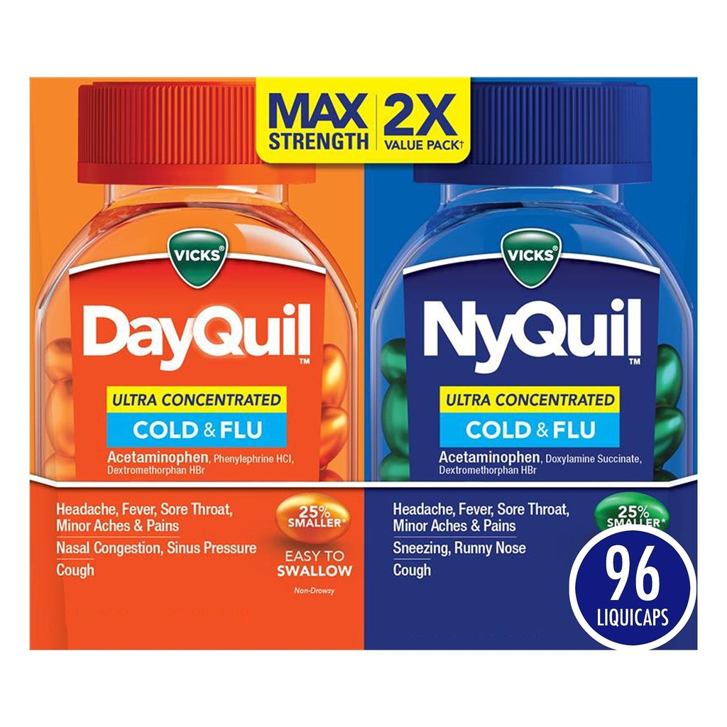 Vicks DayQuil & NyQuil Ultra concentrat Liquicaps Co-Pack, Rece & Gripă Medicina, Puternic Multi-Symptom Daytime & Relief pe timp de noapte pentru dureri de cap, Febră, Sore Throat, Dureri și Dureri minore, & Tuse, 96ct