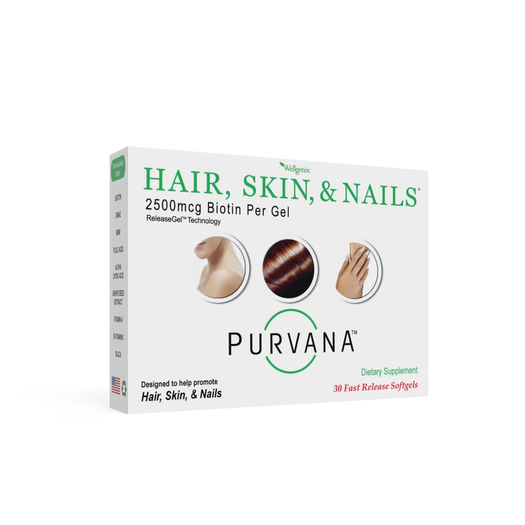 Wellgenix Purvana Păr, piele, și unghii Vitamina - 2500mcg Biotin, Acid folic, DMAE, extract de semințe de struguri - O zi Softgels - POSS & Postpartum suport pierderea părului - (30 Conte)