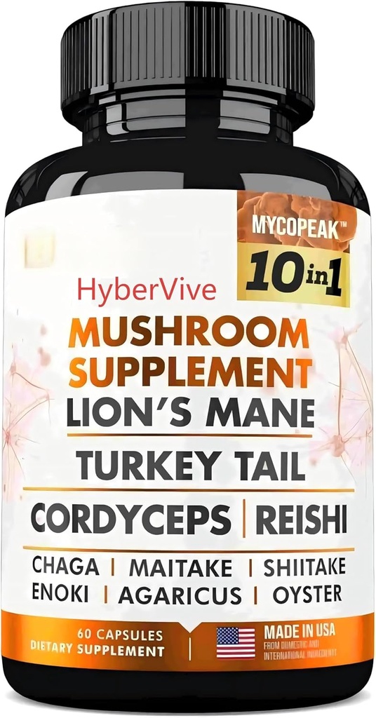 Mushroom Supplement 10x Complex - Lions Mane, Turkey Tail, Cordyceps, Reishi, Chaga, Maitake, Shiitake, Oyster Extract de ciuperci - Nootrop Brain Support Suplimente pentru Memorie si Focus