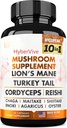 Mushroom Supplement 10x Complex - Lions Mane, Turkey Tail, Cordyceps, Reishi, Chaga, Maitake, Shiitake, Oyster Extract de ciuperci - Nootrop Brain Support Suplimente pentru Memorie si Focus
