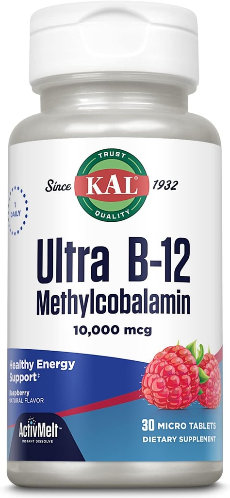 KAL Ultra B12 Metilcobalamină 10000mcg, vitamina de mare potenta B-12 pentru energie sanatoasa, metabolice, nervi, Red Blood Cell Support,* Aroma naturala de zmeura, Vegetarian, 30 Micro Tablete, 30 Servings