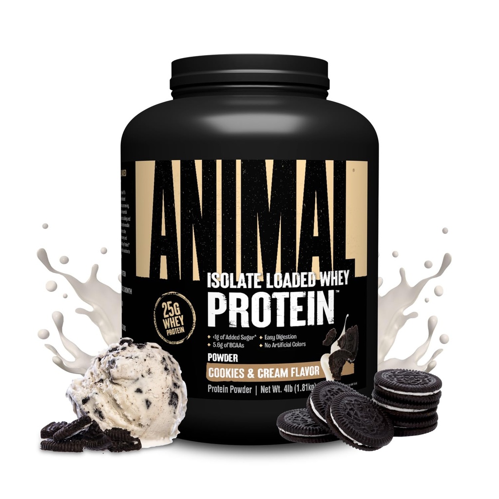 Animal Whey Izolat pulbere de proteine - încărcat pentru pre-post antrenament musculare Constructor și recuperare cu enzime digestive pentru bărbați și femei - 25g proteine, gust mare, zahăr scăzut - cookie-uri și Cream 4 lbs