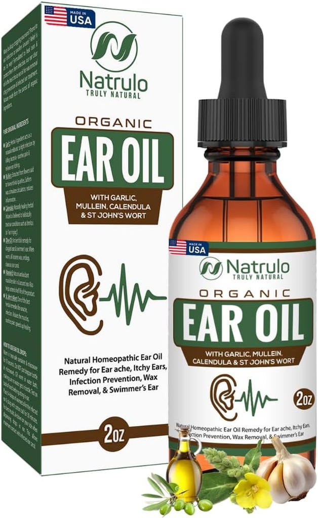 Ulei de ureche organic pentru infectia urechii - picaturi naturale pentru durere de ureche, indepartarea urechii si ceara inotatoare - Copii, Adulti, Baby & Dog Earache Remedy - Picături urechii cu Mullein, Usturoi Made in USA