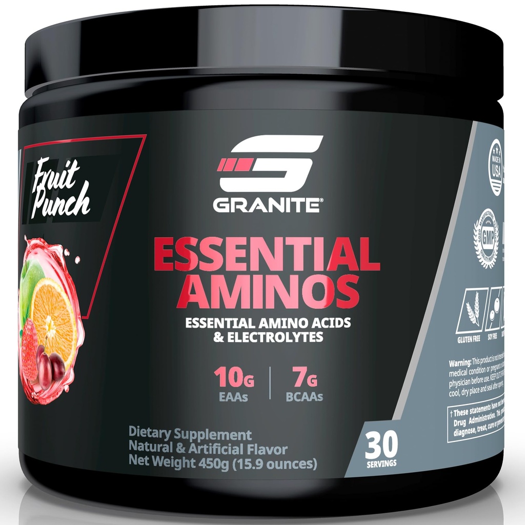 Granit Essential Amino Acids Powder for Muscle Recovery and Growth with 10g EAAs and 7g BCAAs - Soy-Free, Gluten-Free, 448g (30 Servings), Fruit Punch Flavor