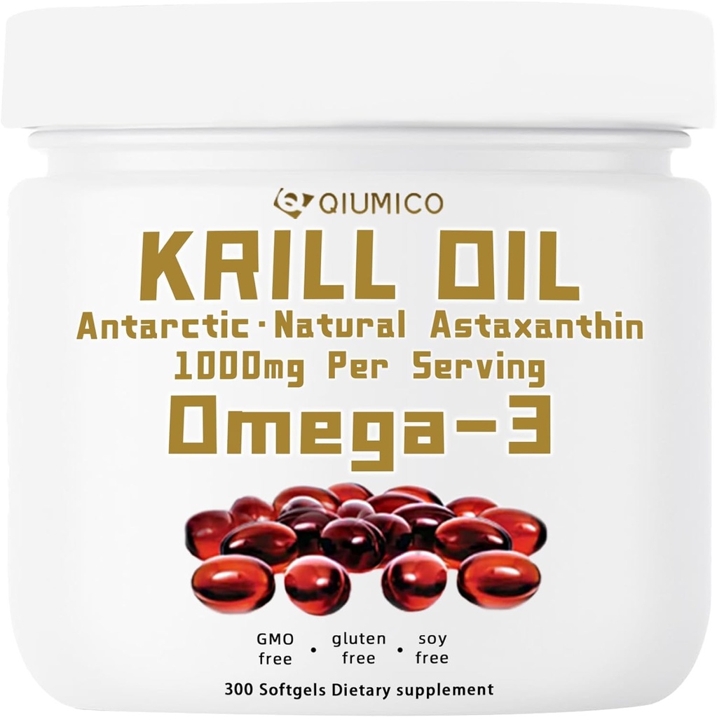 Antarctica Krill supliment ulei, bogat în Omega-3s EPA, DHA & Astaxanthin, 1000mg per servire, Supliment pentru inima si imunitate, 300 Soft-Gels