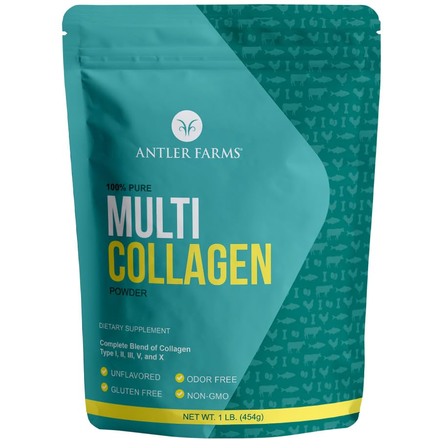 Antler Farms - Multi Colagen Proteine Powder - 5 tipuri (I, II, III, V și X) 100% Pure Hidrolyzed Colagen Peptides pentru bărbați și femei - Biodisponibil, Absorbție rapidă - Fără aromă - 1 lb