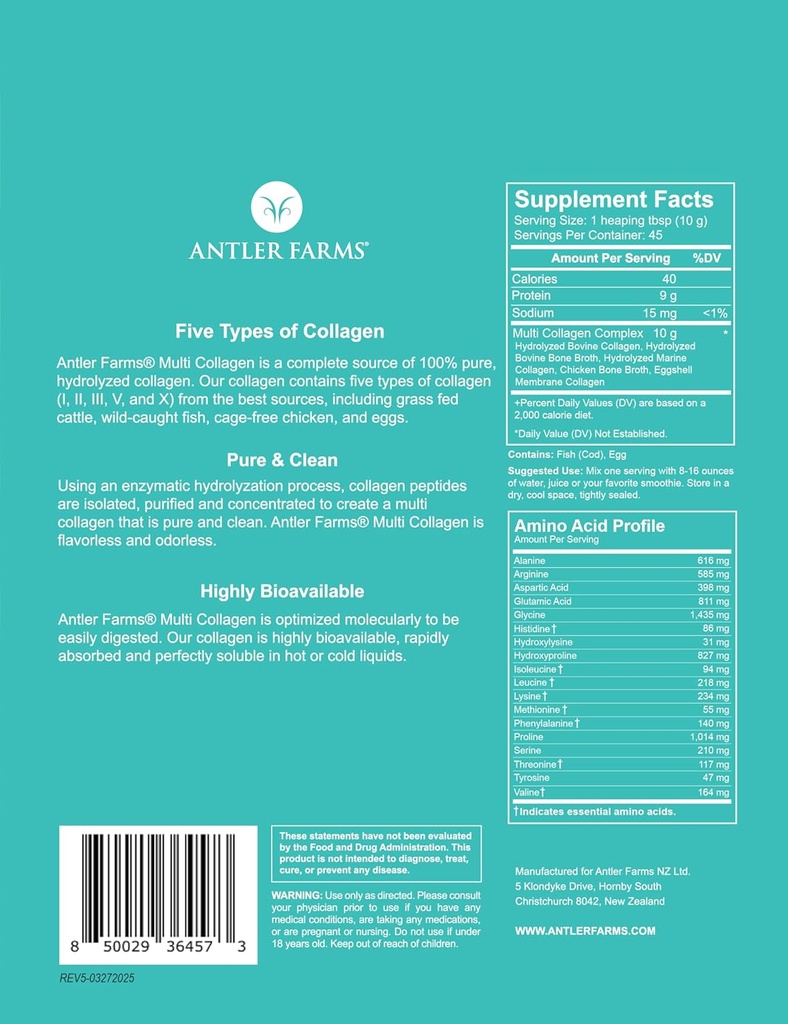 Antler Farms - Multi Colagen Proteine Powder - 5 tipuri (I, II, III, V și X) 100% Pure Hidrolyzed Colagen Peptides pentru bărbați și femei - Biodisponibil, Absorbție rapidă - Fără aromă - 1 lb