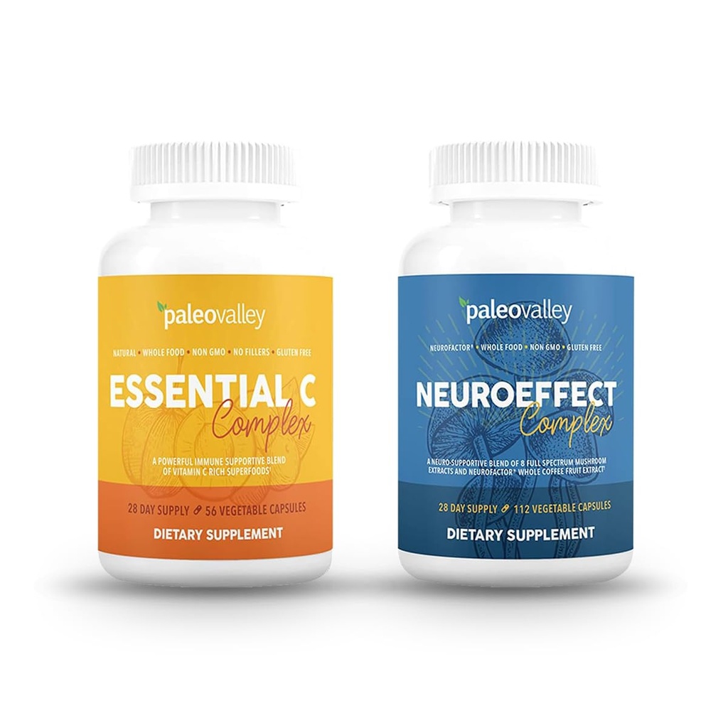 Paleovalley NeuroEffect + Essential C Complex Bundle - Extract de cafea neuromushroom, Vitamina C Supliment 450g Focus, Memorie, Energie, Suport Immune, Superalimente organice