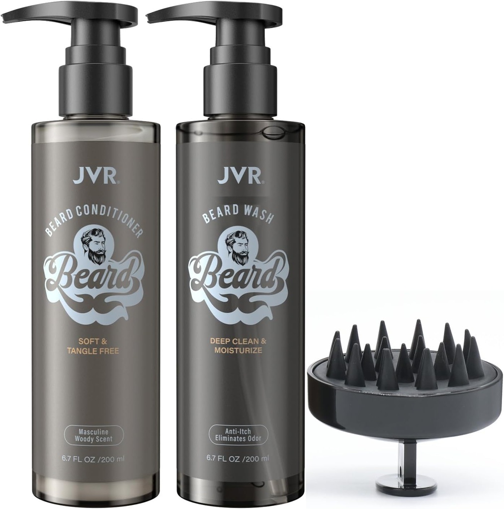 JVR Barbă de spălare și balsam de barbă pentru bărbați, barbă șampon curata și reduce frizz, Souten & Consolides, Organic cu nucă de cocos, Aloe, Oferă strălucire pentru barbă uscată & Coarse, îngrijire barbă (6,7oz)