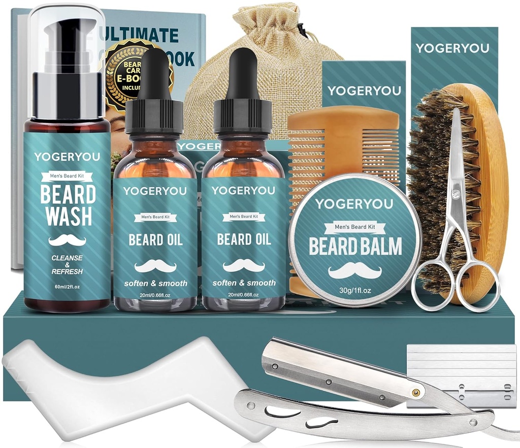 Barbă Kit,Beard Grooming Kit pentru bărbați W / Straight Razor,2 PACK Beard Oil, Wash, Balsam, Brush, Comb, Foarfece Mens Cadouri de ziua de naștere pentru bărbați Iubit Bărbier Trimming Kit