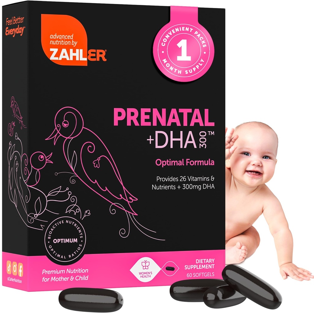 Zahler Vitamină prenatală cu DHA & Folat - Suplimente DHA & Multivitamine prenatale pentru mamă şi copil - Vitamine prenatale prenatale DHA Kosher cu fier, Pre Natal Softgels 60 Număr