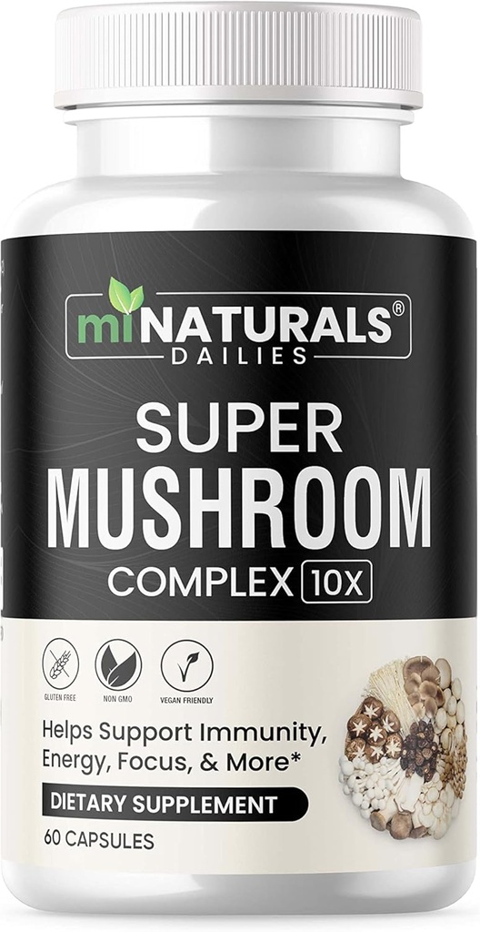 MINATURALS Capsule Complexe de ciuperci - Lion's Mane, Reishi, Cordyceps, Chaga, Turcia Coada, Maitake - Suplimentul corp de fructe reale - 10 in 1
