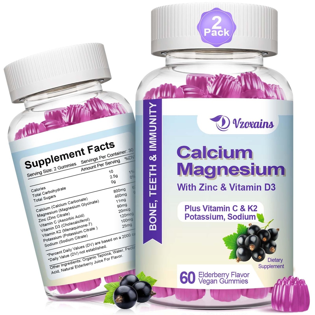 Gume de calciu cu absorbţie ridicată, Supliment de magneziu de calciu fără zahăr cu vitamina D3 de potasiu pentru rezistenţă B0ne şi dinţi, funcţie musculară - Vegan, Aroma de Elderberry 120 Cts