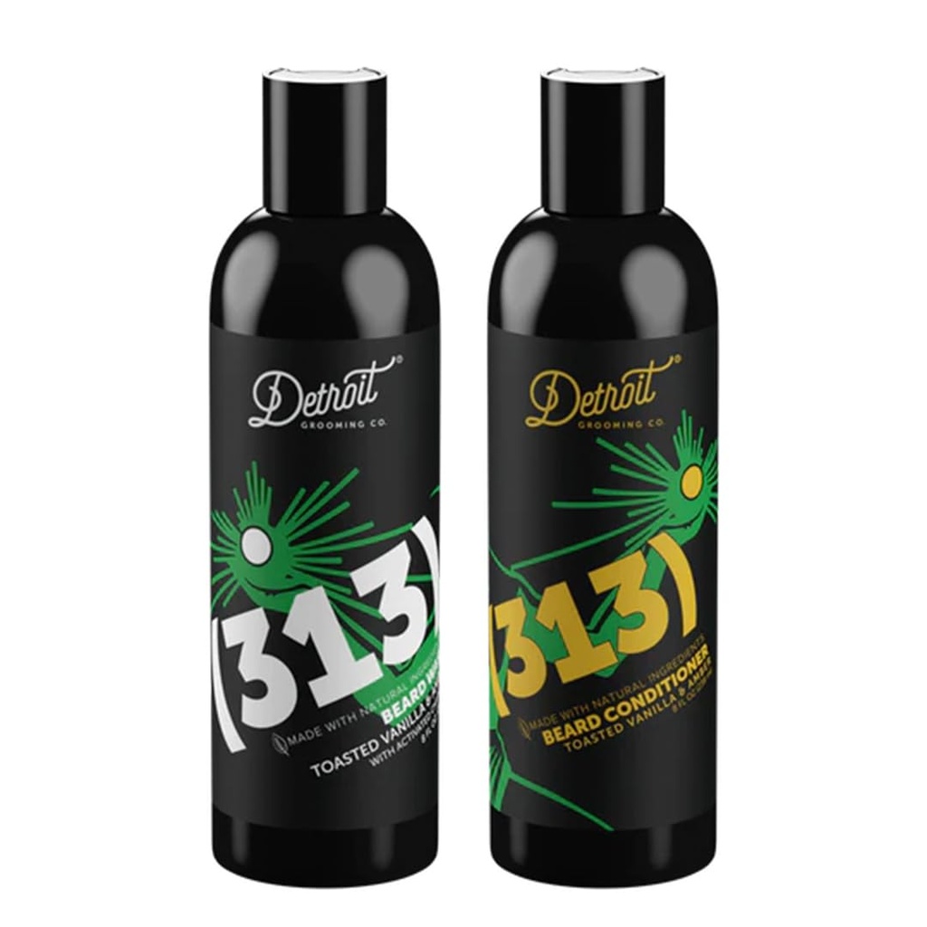 Detroit Grooming Co. Beard Wash and Beard Balsamer - Men's Kit - Softens, Consolides, Moisturize, Infuzed w/Argan Oil, Apple Extract, & Aloe Vera - Parfum de vanilie prăjită - 313-8oz