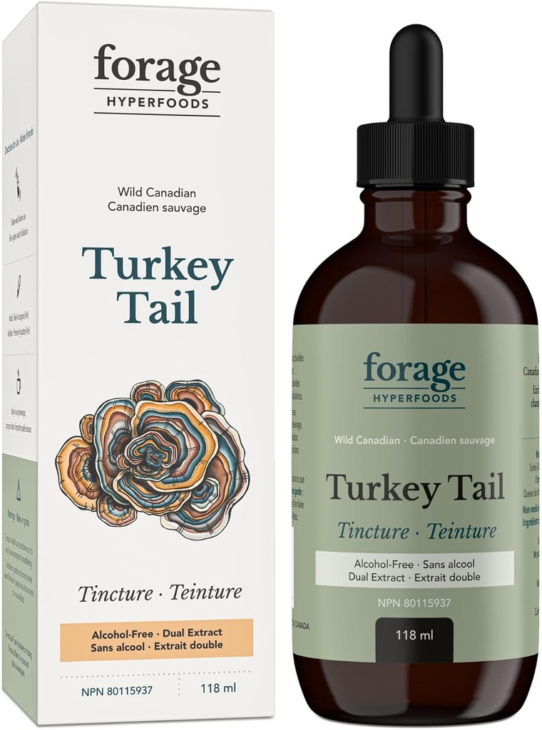 Forage Hyperfoods-Alcool-Free Canadian Wild Turkey Tail Mushroom Superfood supliment lichid Tincture, Vegan, Non-GMO, Immune System and Gut Health Support, 118ML