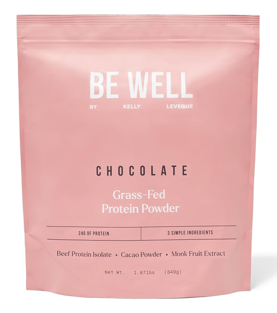 Be Well by Kelly Chocolate Grass-Fed Beef Protein Powder, 24G of Protein & 1G Net Carbs (3 Ingredients, 30 Servings) 9 Amino Acids + 3 BCAAs No Soy, No Dairy, Stevia-Free, No Sugar Added 1.87lb 849g