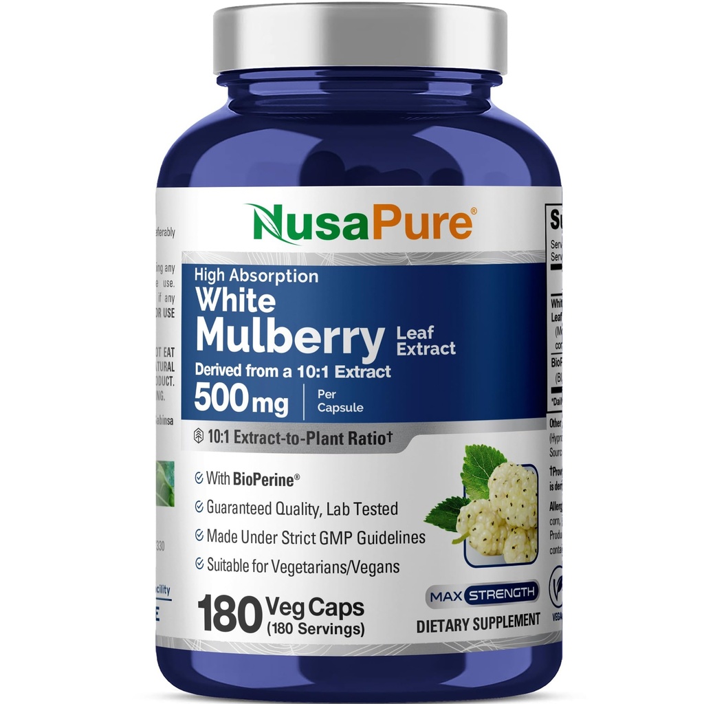 NusaPure White Mulberry Leaf Extract 10:1 Extract, 500 mg echivalent cu 5000 mg 180 Veg Caps (Vegan, Non OMG Bioperine)