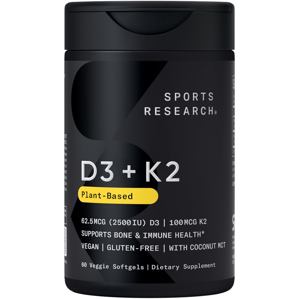 Sports Research® Vitamina D3 + K2 w/Oil de cocos - Vitamina Vegan D 2500iu (62.5mcg) & Mk7 Vitamina K 100mcg pentru suport osos și imun - Vegan Certified · Non-GMO · Soy Free - 60 Soy Softgels