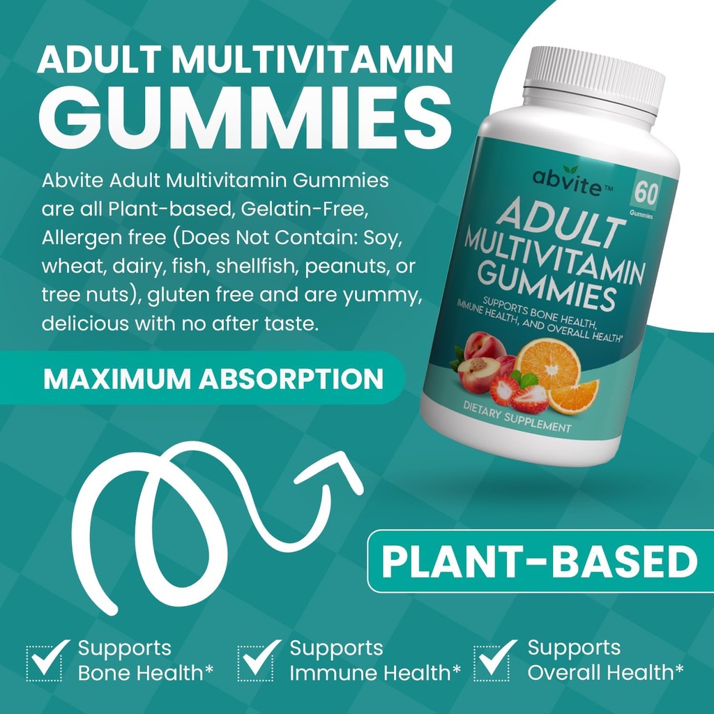 Gume multivitamine pe bază de plante, multivitamine zilnice pentru bărbați și femei cu vitamine A, C, D, E, B-3, B-6, B-12, Biotin, inositol, Non-GMO, Gluten Free, 60 Conte (30 zile de aprovizionare)