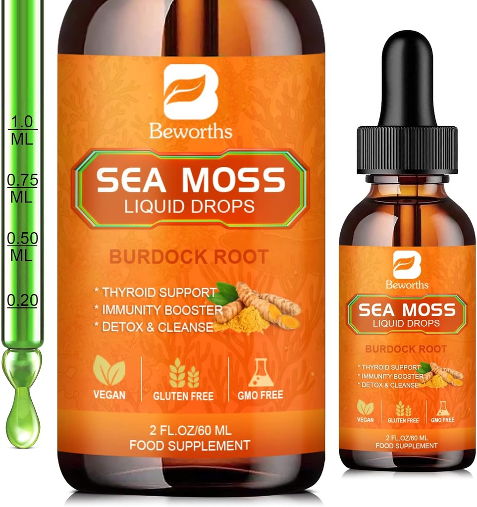 Sea Moss Picături lichide - Ecologic Irish Sea Moss Raw Gel cu radock Root, Tumeric, Spirulina, Seaweed Moss Gel Supliment pentru Gut Health & Antioxidant Suporturi - 2 Fl Oz