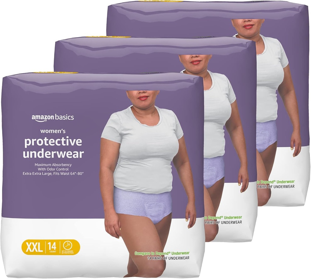 Amazon Basics Incontinenta lenjerie de corp pentru femei, de protecție, de unică folosință, Postpartum, Absorbence maximă, XX-Large, Lavandă, 42 Conte (3 Pachete de 14)