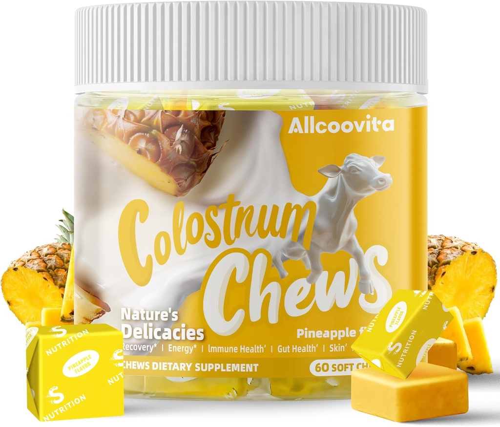 Bovin Colostru Chews Supliment cu probiotice pentru sanatate gutoasa, Blooting, Suport Imun, Piele, Cresterea parului si frumusete - Ananas Flavor (60 Serviri)
